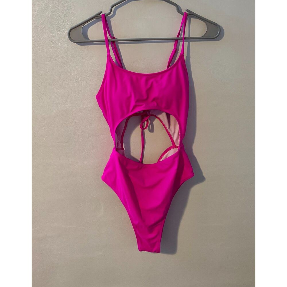 Hot Pink Cut-Out One-Piece Swimsuit Sz M – Tie-Back & Adjustable Straps